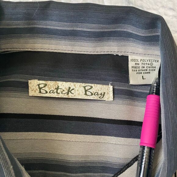 Batik Bay men L button up short sleeve stripe casual dress shirt black & tan - Picture 7 of 10